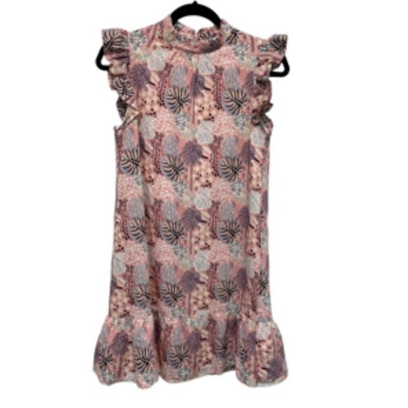 THML Ruffled Flutter Sleeve Tiered Tropical Floral Pink Mini Dress S/M - Picture 10 of 10